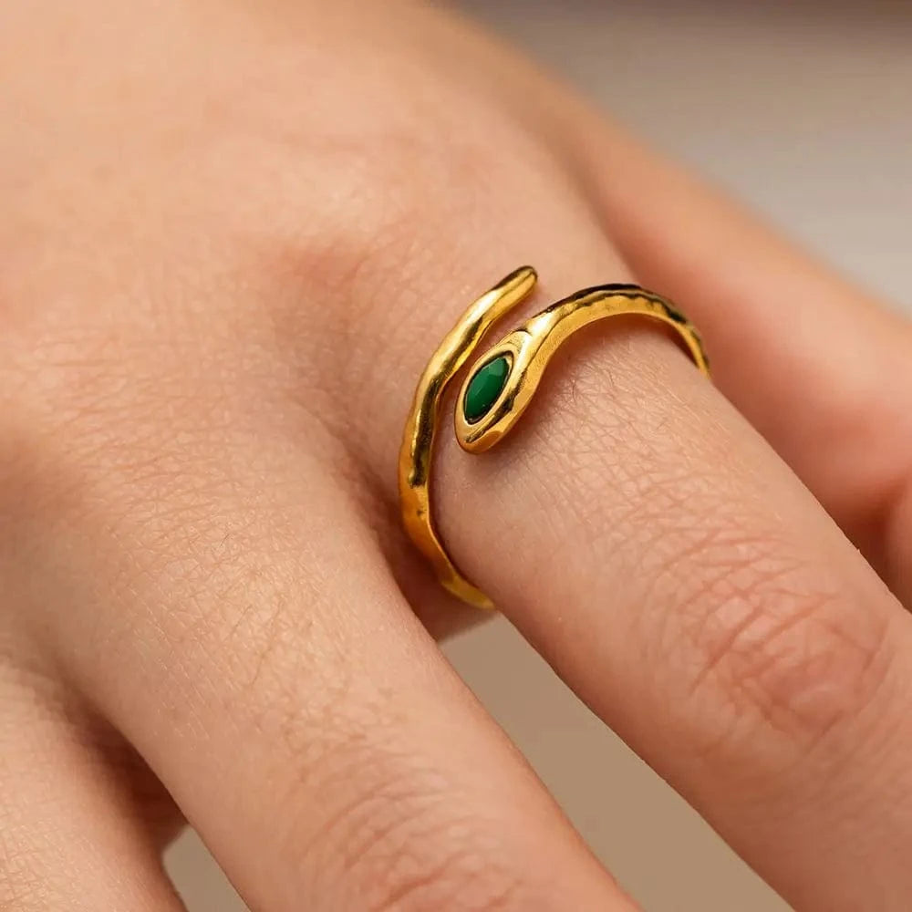 18K Gold Plated Stainless Steel  Jewelry Charm Green  Natrual Stone Snake Shaped Opening Rings