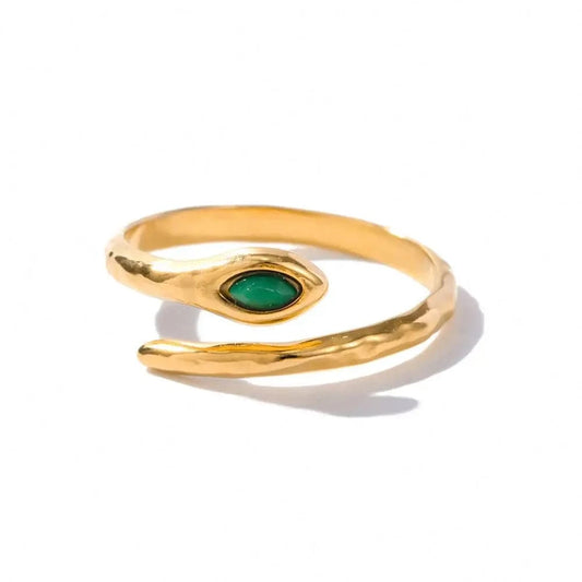 18K Gold Plated Stainless Steel  Jewelry Charm Green  Natrual Stone Snake Shaped Opening Rings