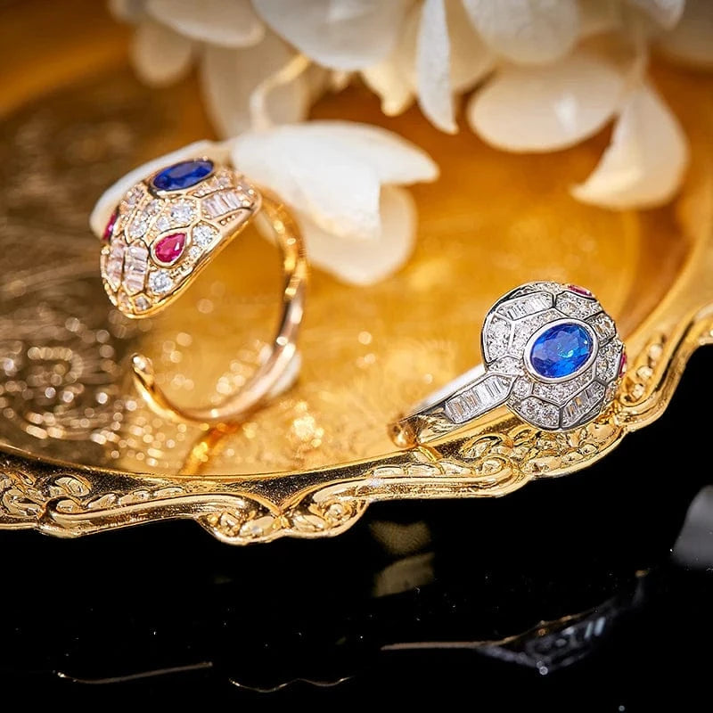 18K Inlaid Blue Zircon Open Red Eyes Matching Couple Snake Ring Premium Custom Jewelry