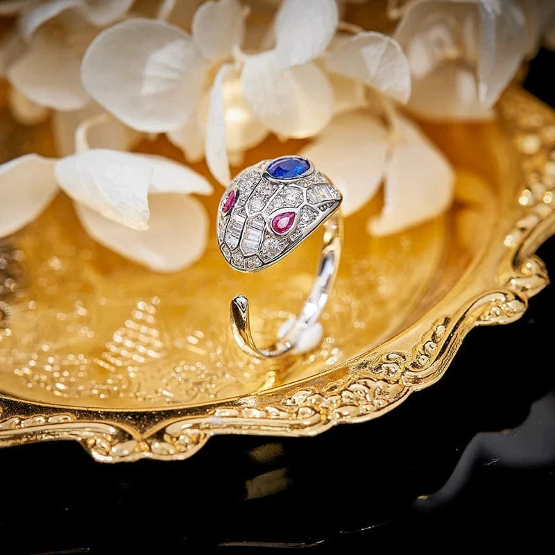 18K Inlaid Blue Zircon Open Red Eyes Matching Couple Snake Ring Premium Custom Jewelry