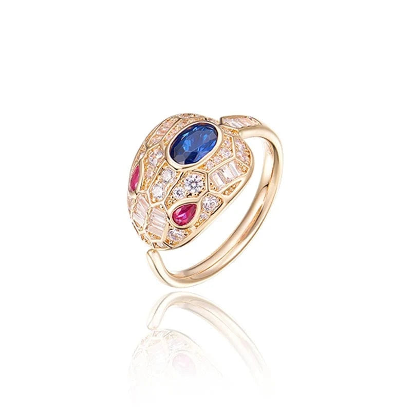 18K Inlaid Blue Zircon Open Red Eyes Matching Couple Snake Ring Premium Custom Jewelry