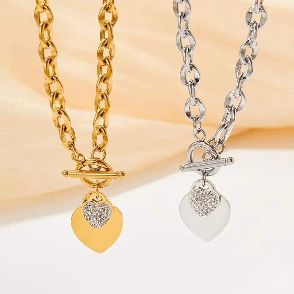 18k Stainless Steel Gold Plated Jewelry OT Buckle Heart Zircon Pendant Necklace Bracelet Earrings Jewelry Set