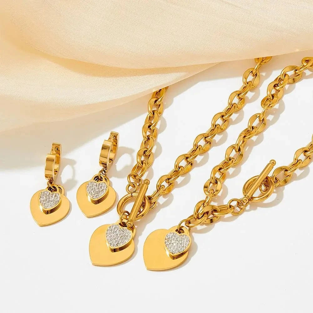 18k Stainless Steel Gold Plated Jewelry OT Buckle Heart Zircon Pendant Necklace Bracelet Earrings Jewelry Set