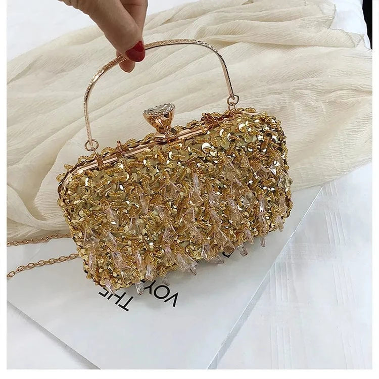 19*11*5cm / Golden Fashion Ladies Hard Chains Charming Sequin Clutch Bag Party Glitter Unique Colorful Women Bling Pearl Beaded Clutch Evening Bags