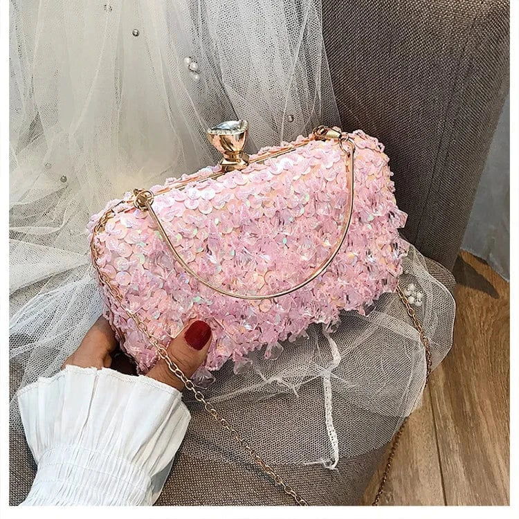 19*11*5cm / pink Fashion Ladies Hard Chains Charming Sequin Clutch Bag Party Glitter Unique Colorful Women Bling Pearl Beaded Clutch Evening Bags