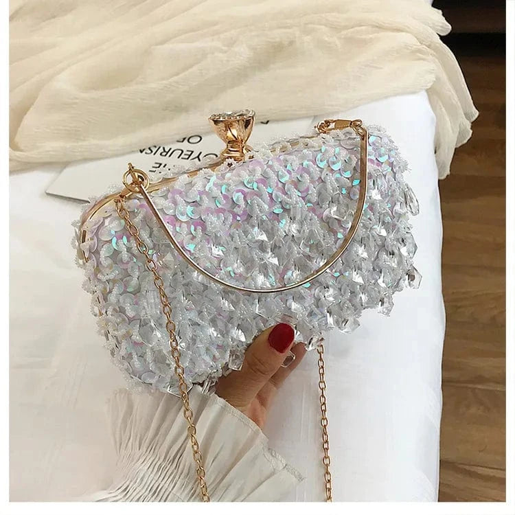 19*11*5cm / White Fashion Ladies Hard Chains Charming Sequin Clutch Bag Party Glitter Unique Colorful Women Bling Pearl Beaded Clutch Evening Bags