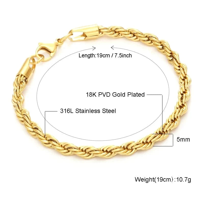 19cm/7.5inch / Gold Hip hop jewelry women mens thick stainless steel steal steel retorcida cable chain gold plated twisted rope chain bracelet
