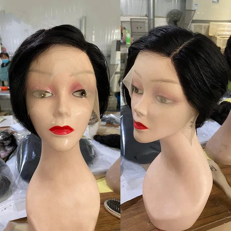 1B / 6 Inches 13x4 Lace Front Pixie Cut Wig Wholesale 100% Brazilian Short Wigs Human Hair Bob Wig With Bang For Black Women