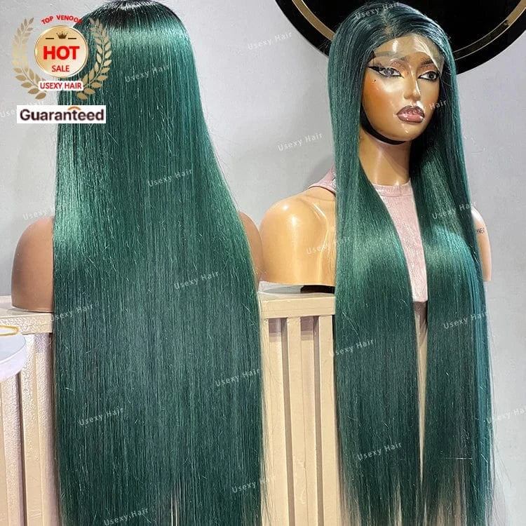 1B Dark Green Colored Wig Brazilian Remy Bone Straight Raw Indian Lace Frontal Human Hair Wig 13x6 Lace Front Wig PrePlucked