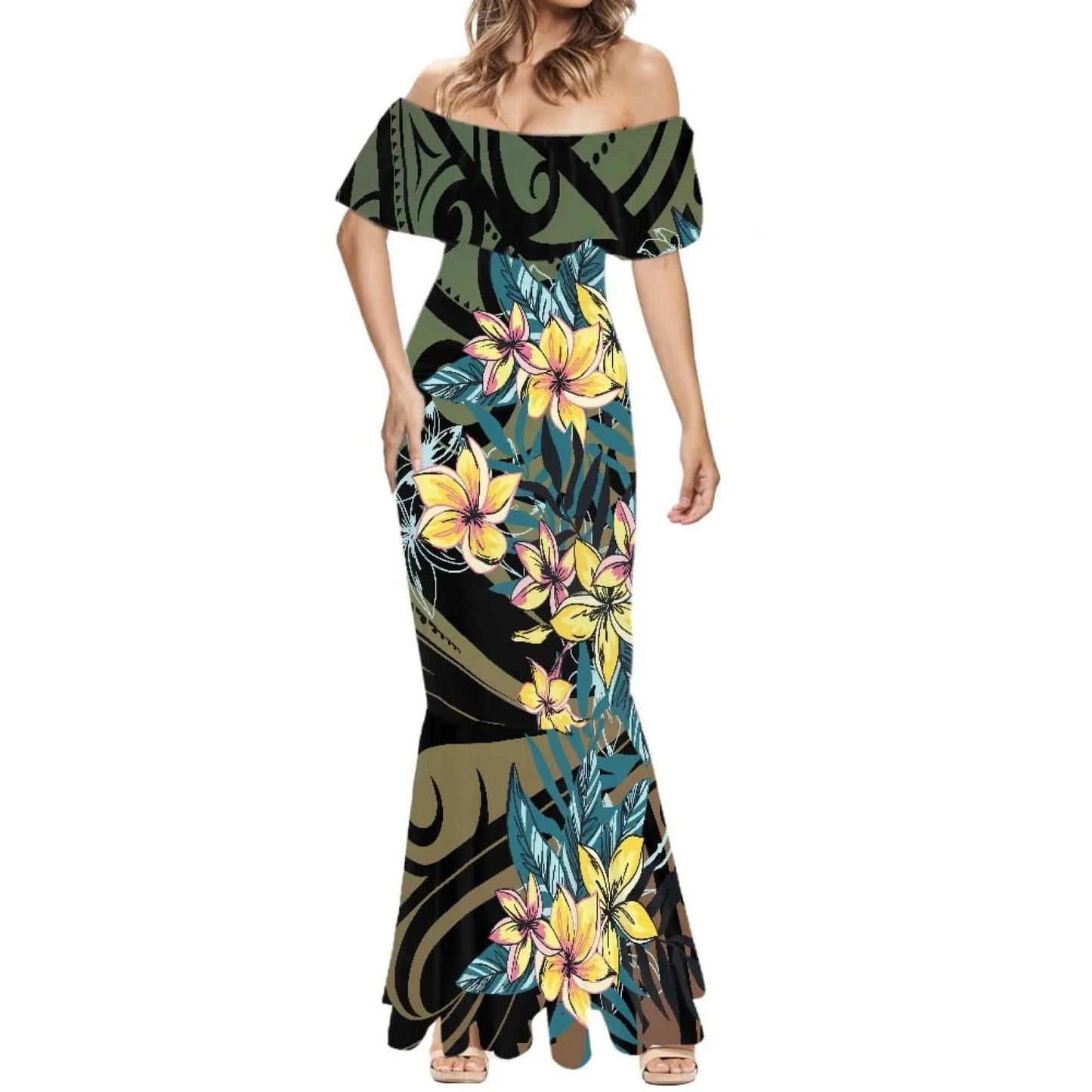 1pc Customized Hawaiian Print Women's 2024 Summer Dress Off The Shoulder Short Sleeve Shawl Casual Party Bodycon Mixi Dresses