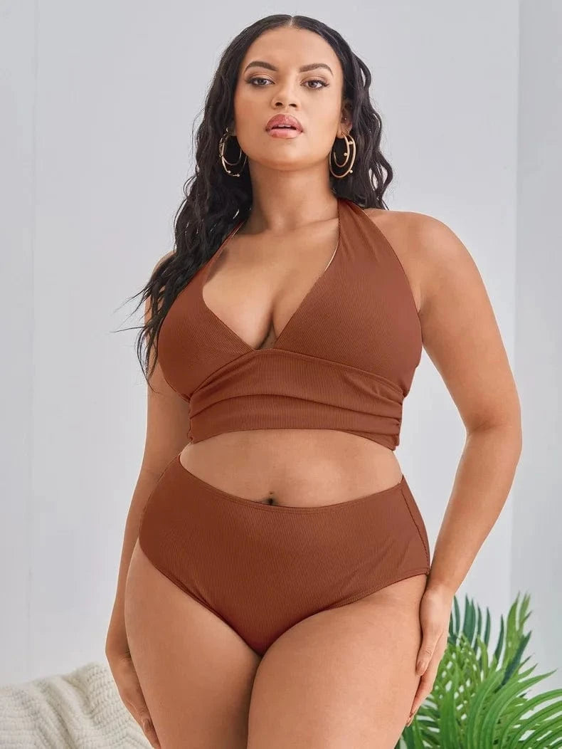 1XL / Brown DAMOCHIC Big Bust Swimwear Sets Halter Neck Plus Size Women Swimsuit Solid Color Support Large Breast Bikinis High Waist 2023