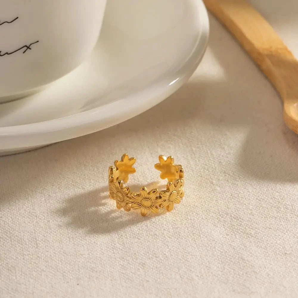 2.09cm / R1977 R1977 Arrival 18K Gold Plated Stone Finger Ring Stainless Steel sunflower  Open Ring for girls women