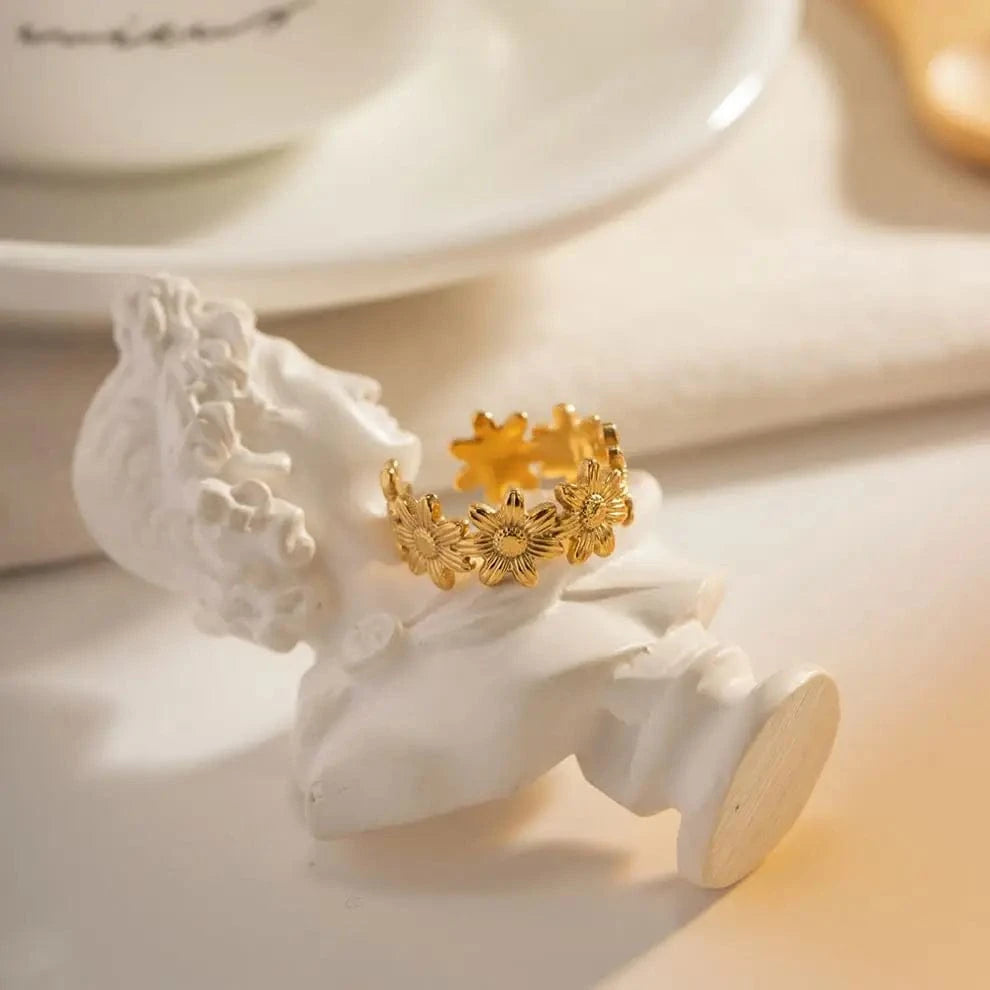 2.09cm / R1977 R1977 Arrival 18K Gold Plated Stone Finger Ring Stainless Steel sunflower  Open Ring for girls women