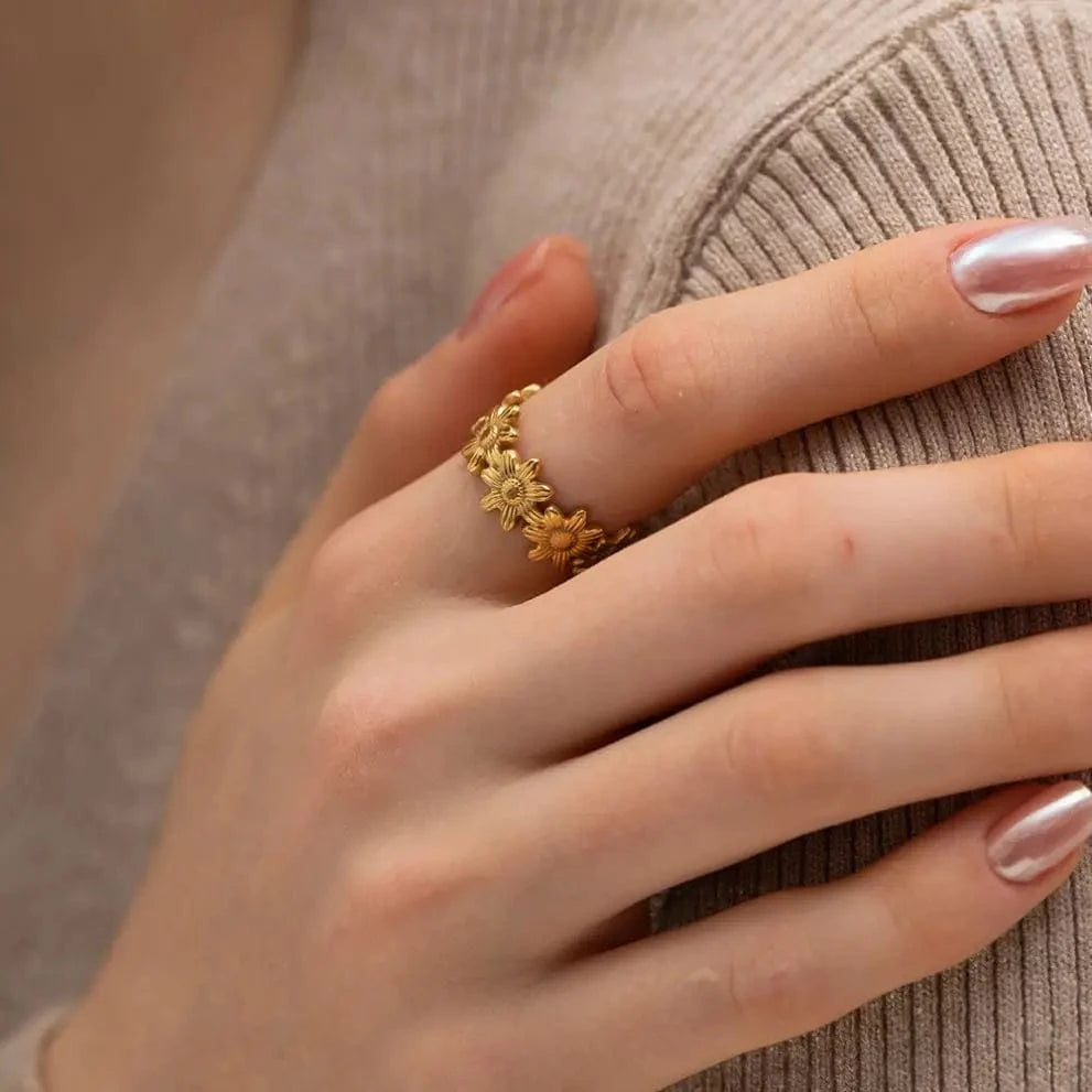 2.09cm / R1977 R1977 Arrival 18K Gold Plated Stone Finger Ring Stainless Steel sunflower  Open Ring for girls women
