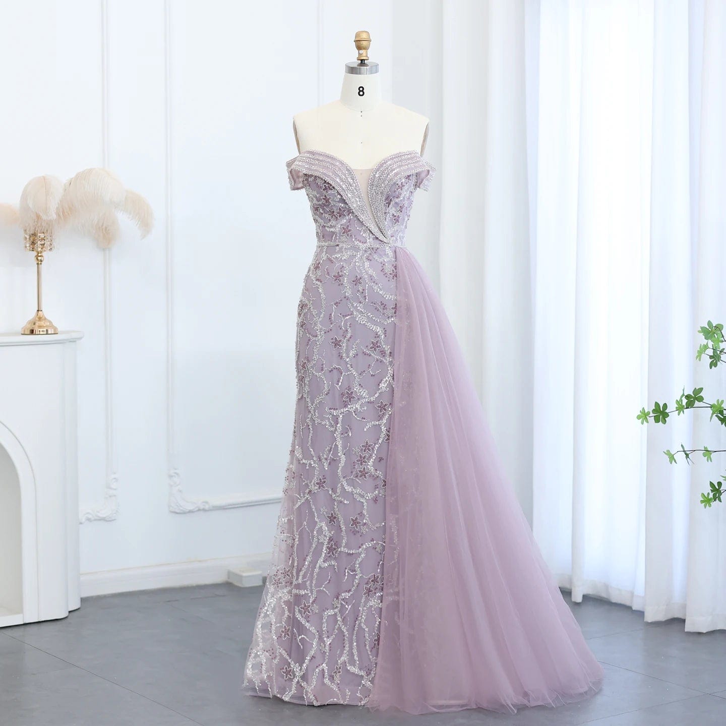 2 / 3 Elegant Off Shoulder Mermaid Lilac Evening Dress with Overskirt 2024 Plus Size Women Blue Wedding Party Gown SZ055