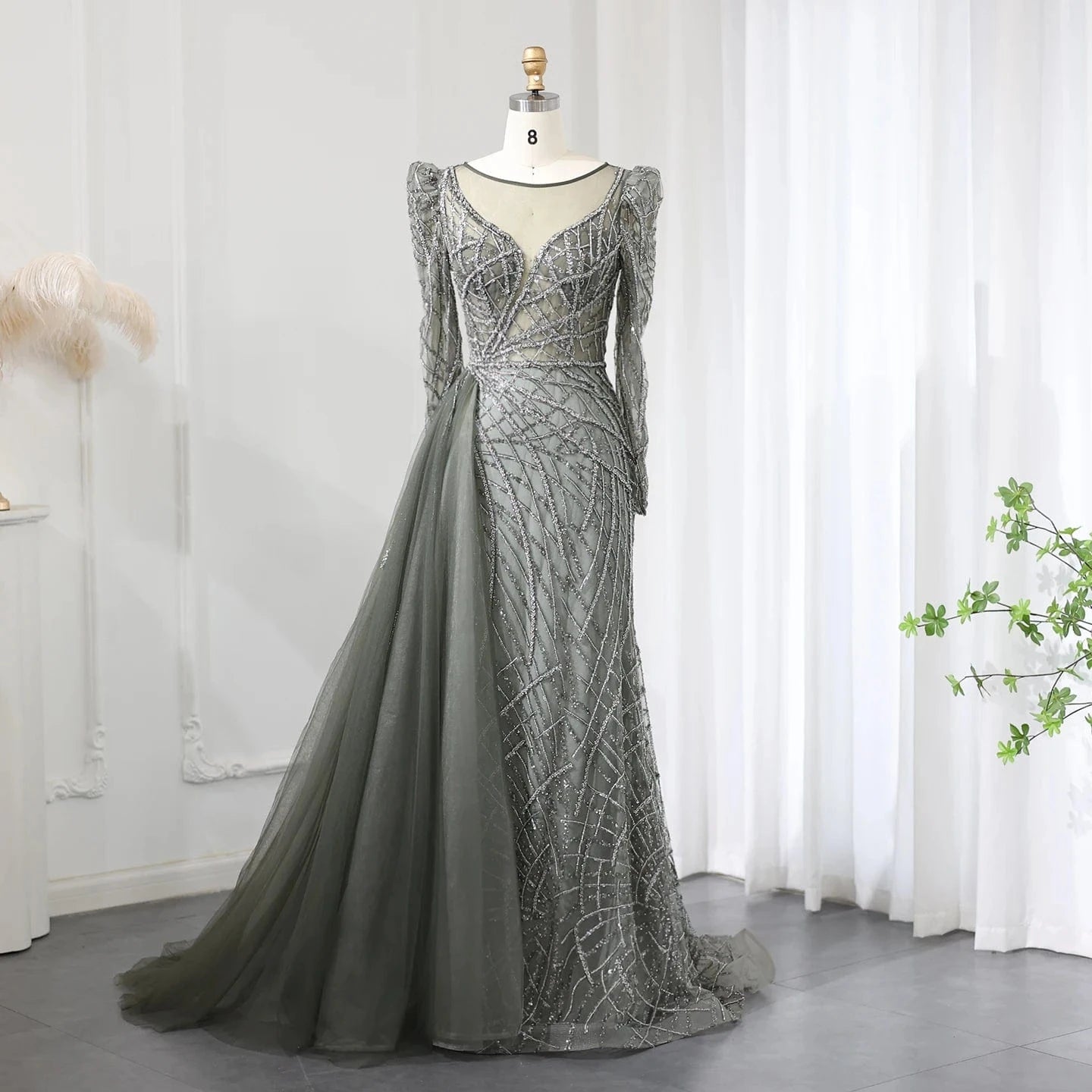2 / 3 Luxury Muslim Gold Mermaid Beaded Dubai Evening Dresses With Overskirt 2024 Plus Size Women Wedding Party Gown Sz048