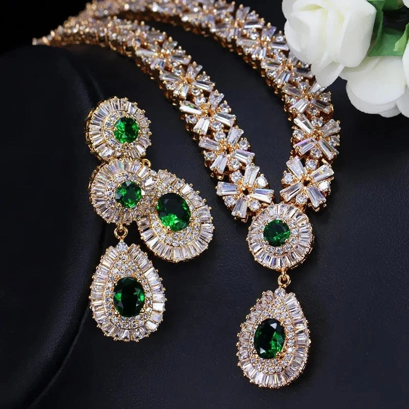 2 High Quality Ruby CZ Zircon Micro Inlay Bridal Wedding Jewellery Set Luxury Diamond 18K jewelry sets dubai 18k solid gol Gold Women Necklace Earings Set