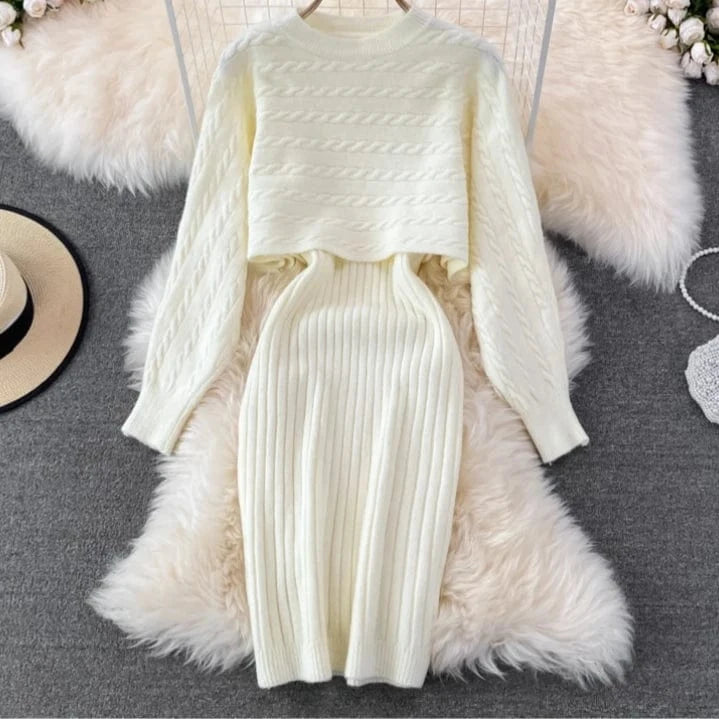 2 piece Autumn Winter Style Loose Top Knitted Two Piece Sweater Dress Sets for Women