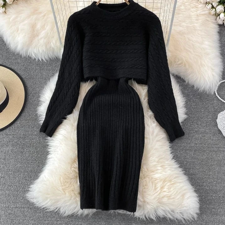 2 piece Autumn Winter Style Loose Top Knitted Two Piece Sweater Dress Sets for Women