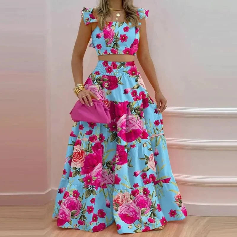 2 piece L / Blue Pink Solid Color Top High Waist Pleated Skirt Elegant Ladies Two Piece Set