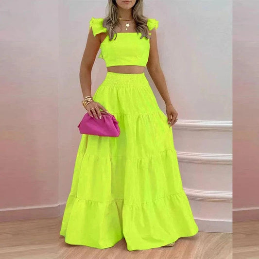 2 piece M / Green Solid Color Top High Waist Pleated Skirt Elegant Ladies Two Piece Set