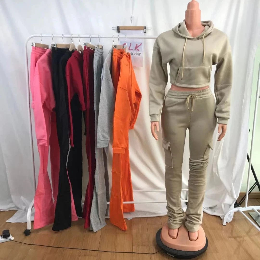 2 Piece Set 2024 Thick Fleece Stacked Sweatpants And Hoodie Jogger Two Piece Pants Set Women Sweatsuit Set Tracksuit