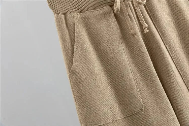 2 Piece Sets Women Knitting Outfits V Neck Pullover Sweater Pockets Drawstring Pencil Pants Slim Fit Suit Casual Knit Ensemble