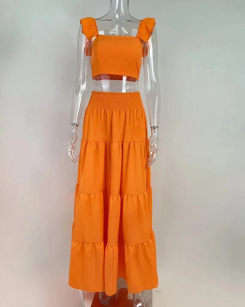 2 piece Solid Color Top High Waist Pleated Skirt Elegant Ladies Two Piece Set