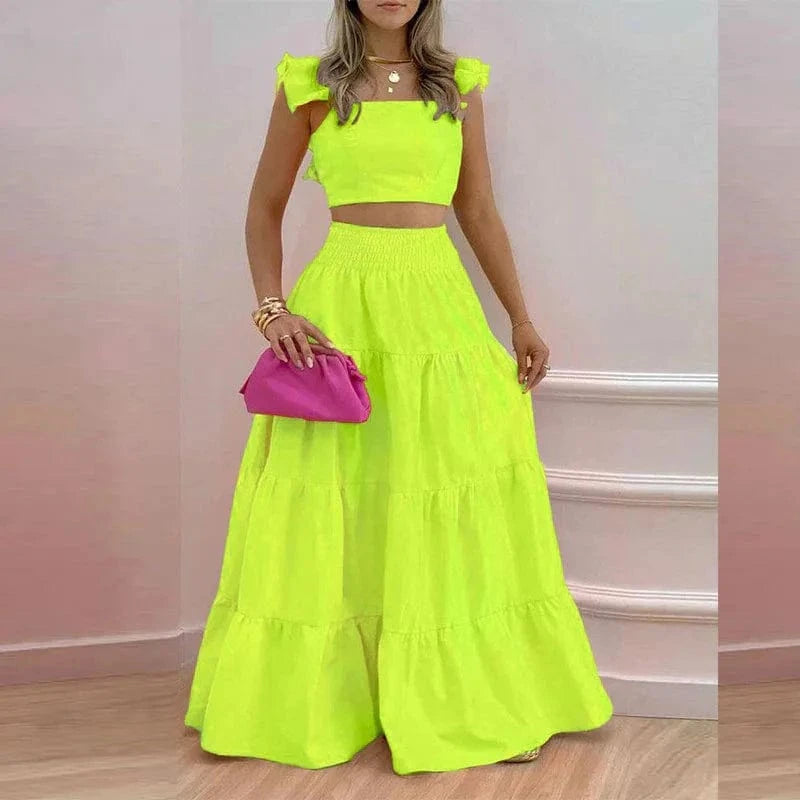 2 piece Solid Color Top High Waist Pleated Skirt Elegant Ladies Two Piece Set