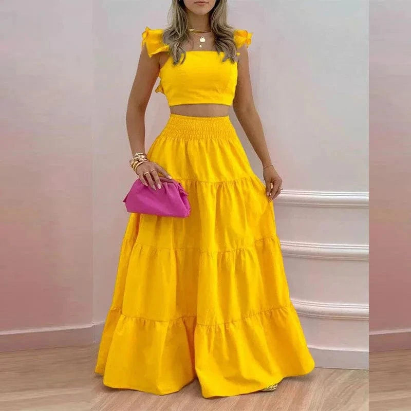 2 piece Solid Color Top High Waist Pleated Skirt Elegant Ladies Two Piece Set