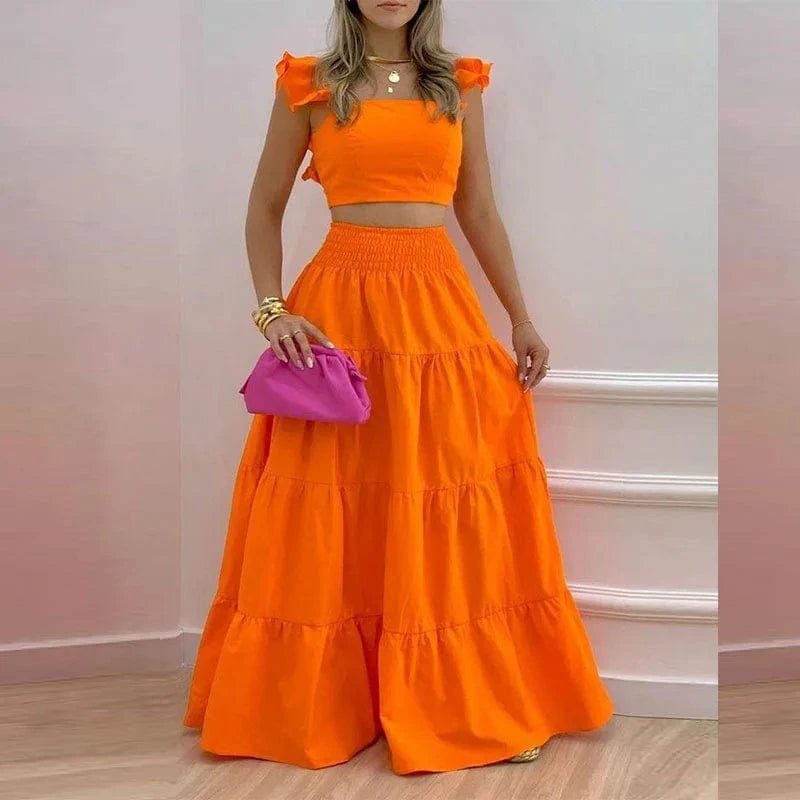 2 piece Solid Color Top High Waist Pleated Skirt Elegant Ladies Two Piece Set