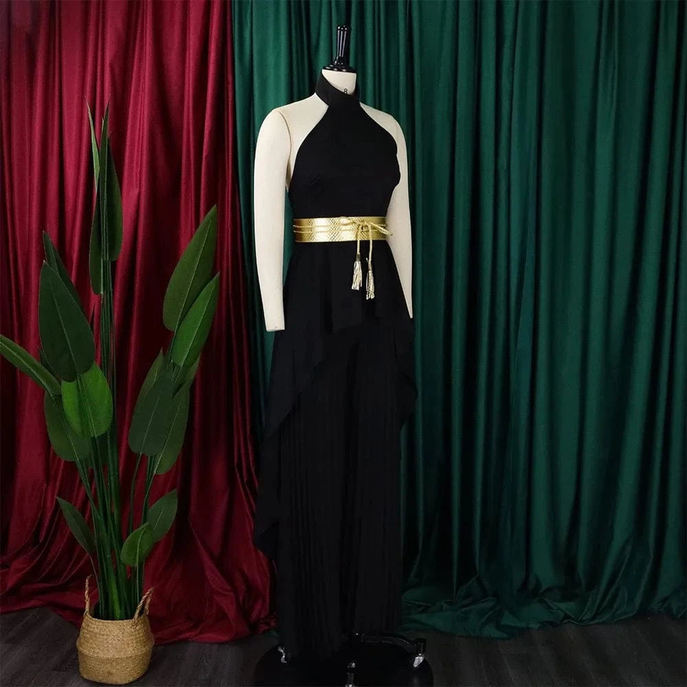 2 Pieces Pants Sets Womens Outfits Blouse Extra Long Sleeveless Backless Belt Waisted & Wide Leg Pants Pleated Floor Length Sets