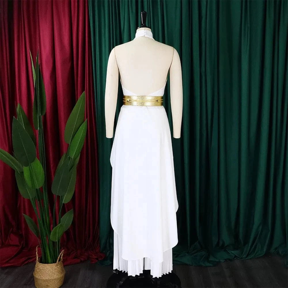 2 Pieces Pants Sets Womens Outfits Blouse Extra Long Sleeveless Backless Belt Waisted & Wide Leg Pants Pleated Floor Length Sets