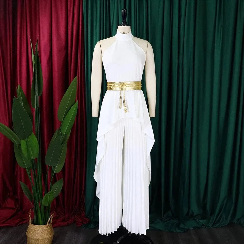2 Pieces Pants Sets Womens Outfits Blouse Extra Long Sleeveless Backless Belt Waisted & Wide Leg Pants Pleated Floor Length Sets