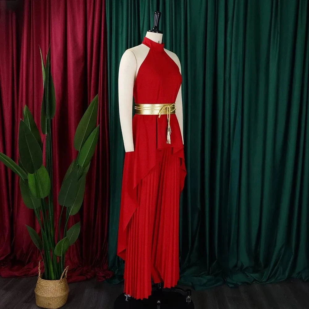 2 Pieces Pants Sets Womens Outfits Blouse Extra Long Sleeveless Backless Belt Waisted & Wide Leg Pants Pleated Floor Length Sets