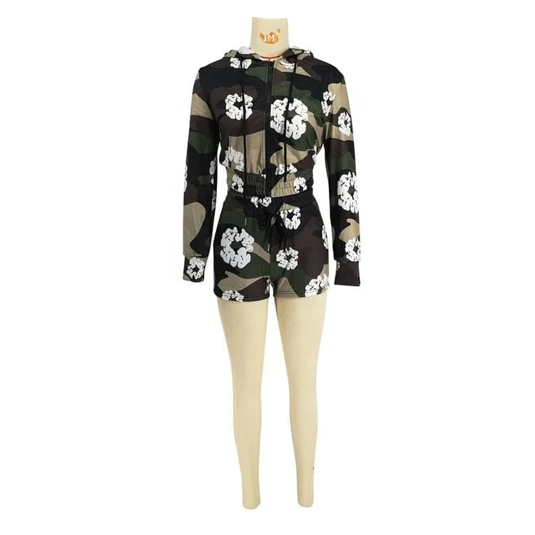 2 Pieces Set Sexy Fashion Women 2024 Summer Spring Female Tops Flower Printing Long Sleeve Hoodies And Elastic Waist Shorts Suit