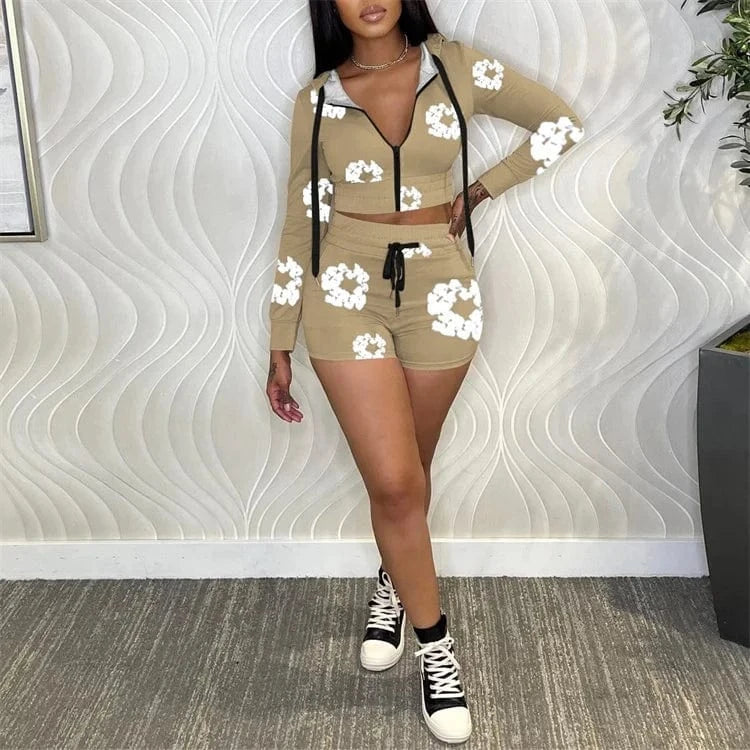 2 Pieces Set Sexy Fashion Women 2024 Summer Spring Female Tops Flower Printing Long Sleeve Hoodies And Elastic Waist Shorts Suit