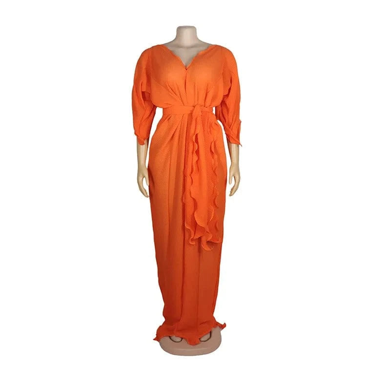 2 XL / 1 J&H 2024 Half Sleeve Ruched Lace Up African Women's Dress Sexy V-Neck Pleated Ruffled Edge Pearl Chiffon Dress