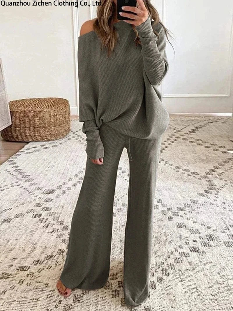 2 XL / 1 Sweater Set Women Casual Tracksuit Spring Autumn Knitted Suits 2 Piece Set Warm Long Sleeve Sweater Pullovers Wide Legs Pants