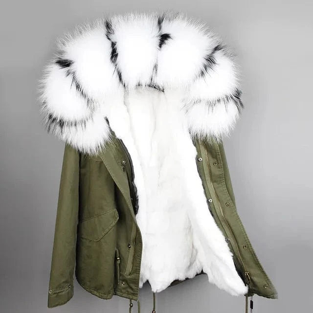 2 XL / 14 Drop Shipping Maomaokong Oversize Raccoon Fur Hood Short Parka Rabbit Fur Lined Winter Jacket Coat with Fur