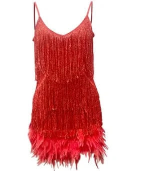 2 XL / 2 2024 New Sexy Tassel Sequins Feather Mini Dress Women Spaghetti Strap Stitching Dresses Female Elegant Evening Party Club Dress