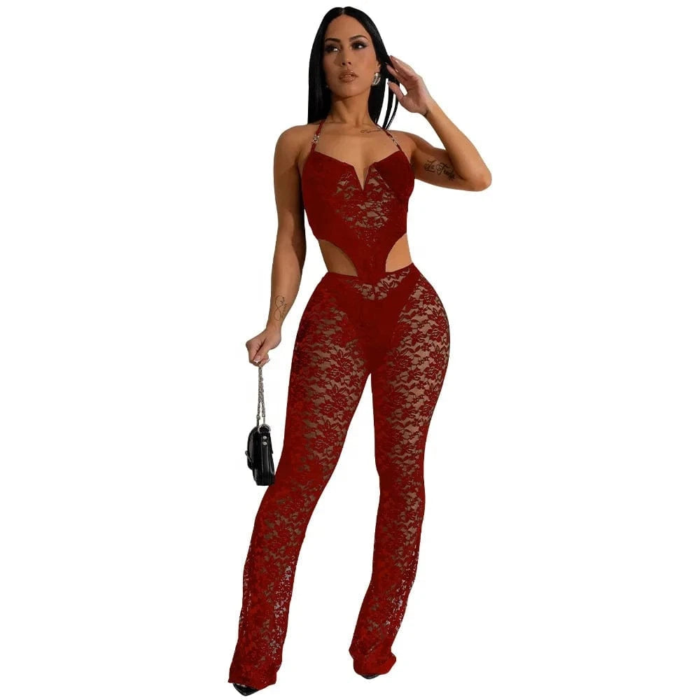 2 XL / 2 J&H Latest Design 2024 Women'S Perspective Neck Hanging Set Tight And Sexy Nightclub Lace Two Piece Pants Set