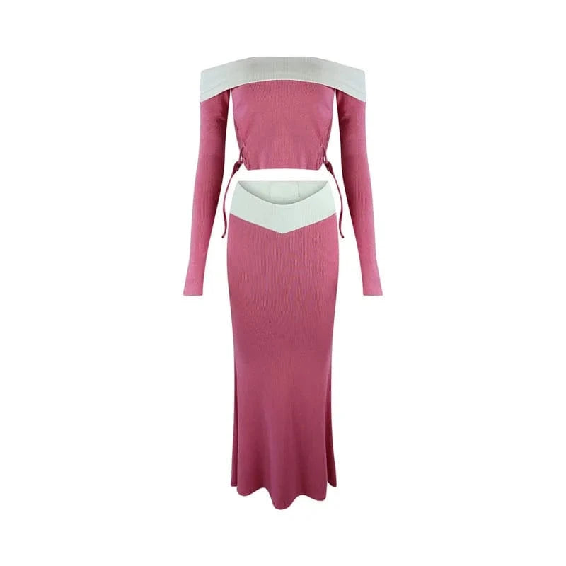 2 XL / 2 ZHEZHE 2024 Spring Women's Fashion candy color Sexy Slim Fit Off the Shoulder tops and pleated skirt dress two piece set