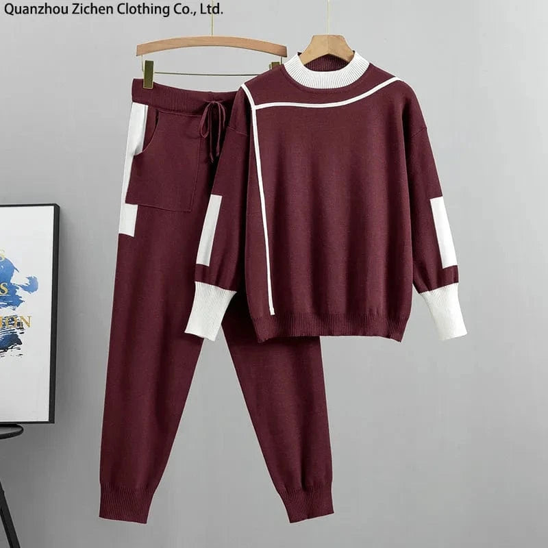 2 XL / 3 2023 Autumn Runway 2 Pieces Set Knitted Long Sleeve Pullovers Sweater Casual Patchwork Fashion Women Tops and Pants Suits Spring