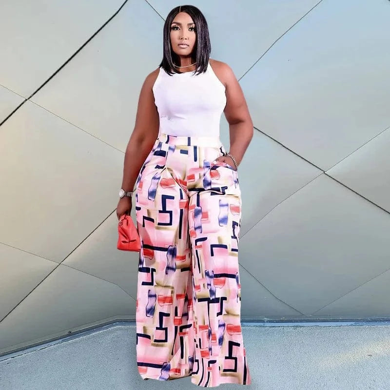 2 XL / 3 5103 Plus Size Pretty Print Palazzo Pants High Waist Loose Long Wide Leg Pants Women's Pants & trousers