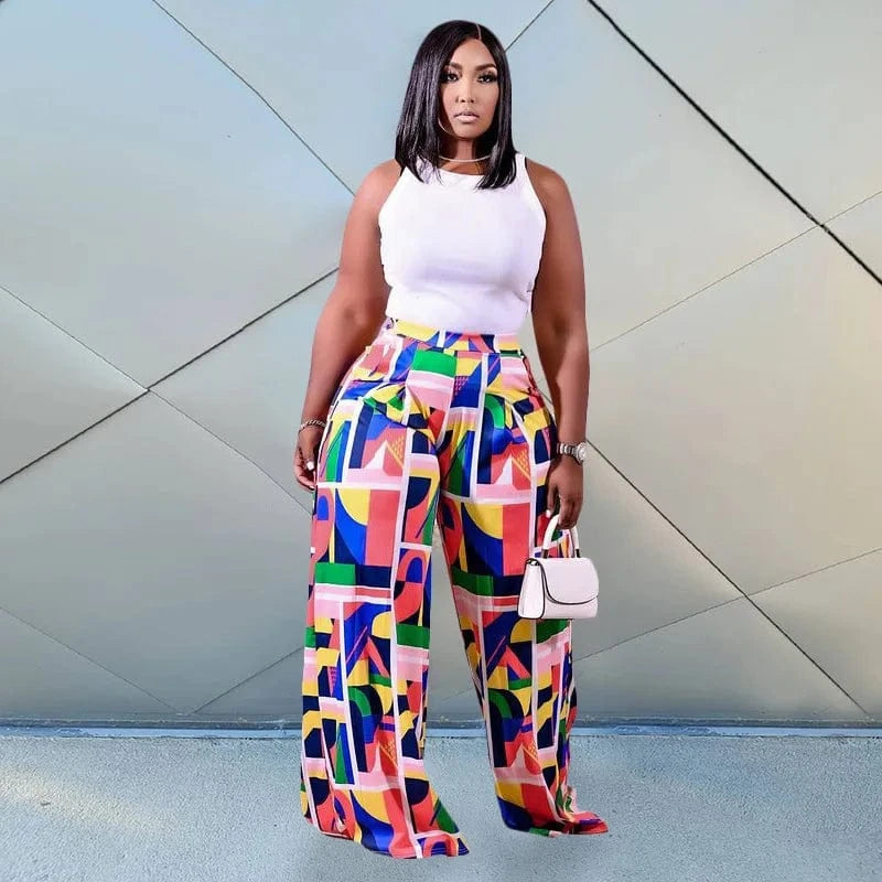 2 XL / 4 5103 Plus Size Pretty Print Palazzo Pants High Waist Loose Long Wide Leg Pants Women's Pants & trousers