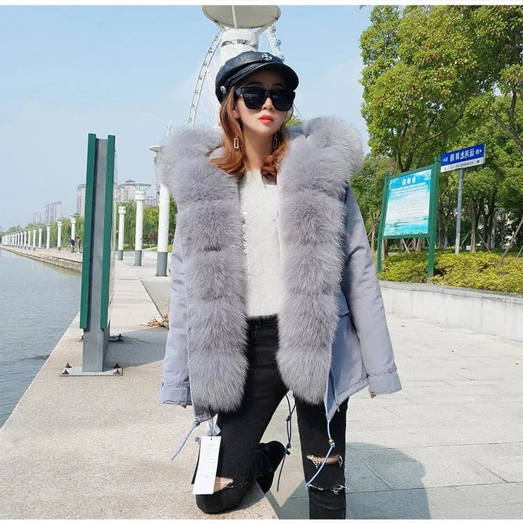 2 XL / 4 Drop Ship Maomaokong Oversize Fox Fur Hood Parka Coat Real Rabbit Fur Lining Winter Jacket Women Thick Winter Outwear