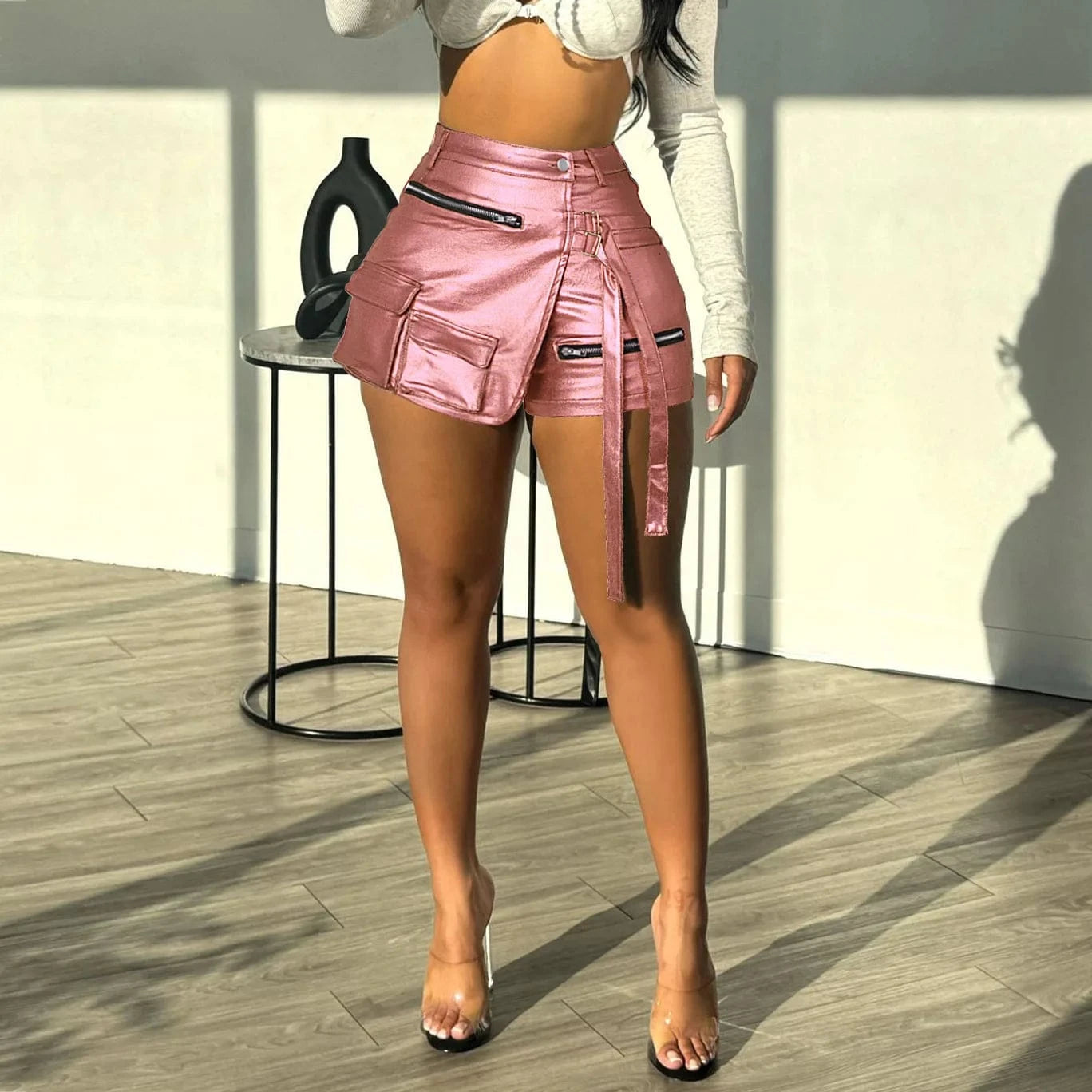 2 XL / 4 J&H 2024 Women'S Summer Hot Pants Fashionable High Elasticity Shinny Leather Multi Pocket A-Line Shorts Skirt