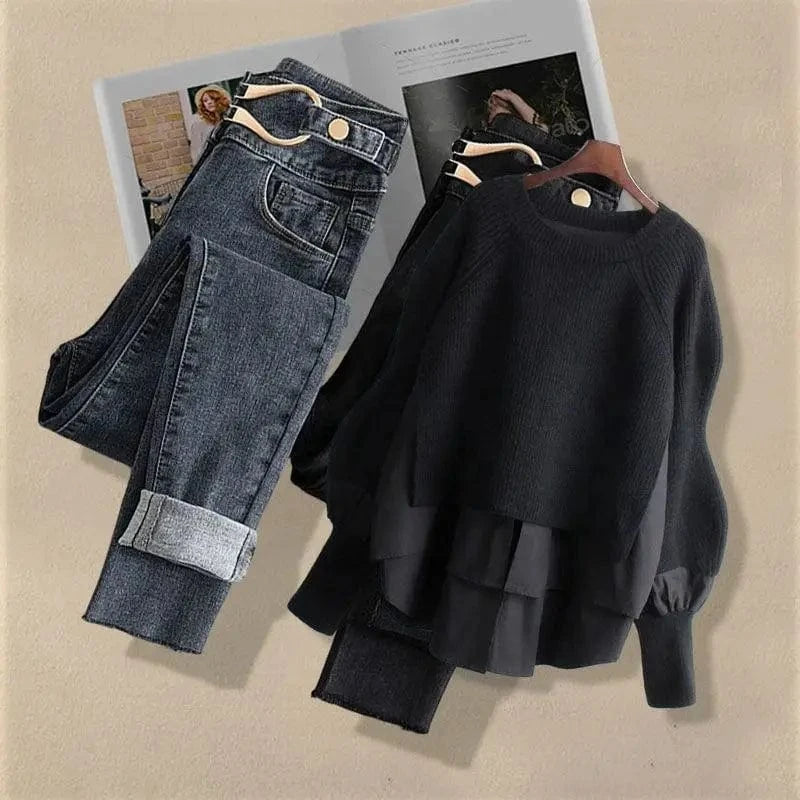 2 XL / 4 Large Spring and Autumn Women's Suit 2023 New Korean Fashion Fake Two-piece Shirt Top Slim Casual Jeans Two-piece Set