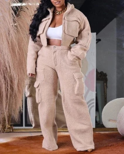 2 XL / apricot GX8701 Fashion Winter Warm Woolen Fleece Pocket Long Sleeve Jacket and Pant 2 Piece Set Women